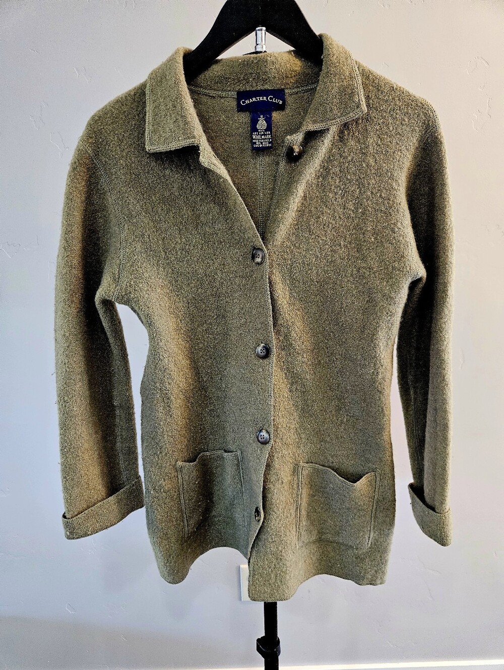 Vintage Charter Club 100% Pure New Wool Button Cardigan Olive Green Womans Small
